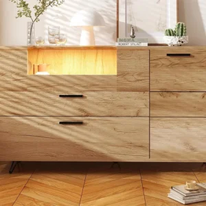 Credenza bassa con LED - 3 scomparti e 2 cassetti - truciolare - Naturale
