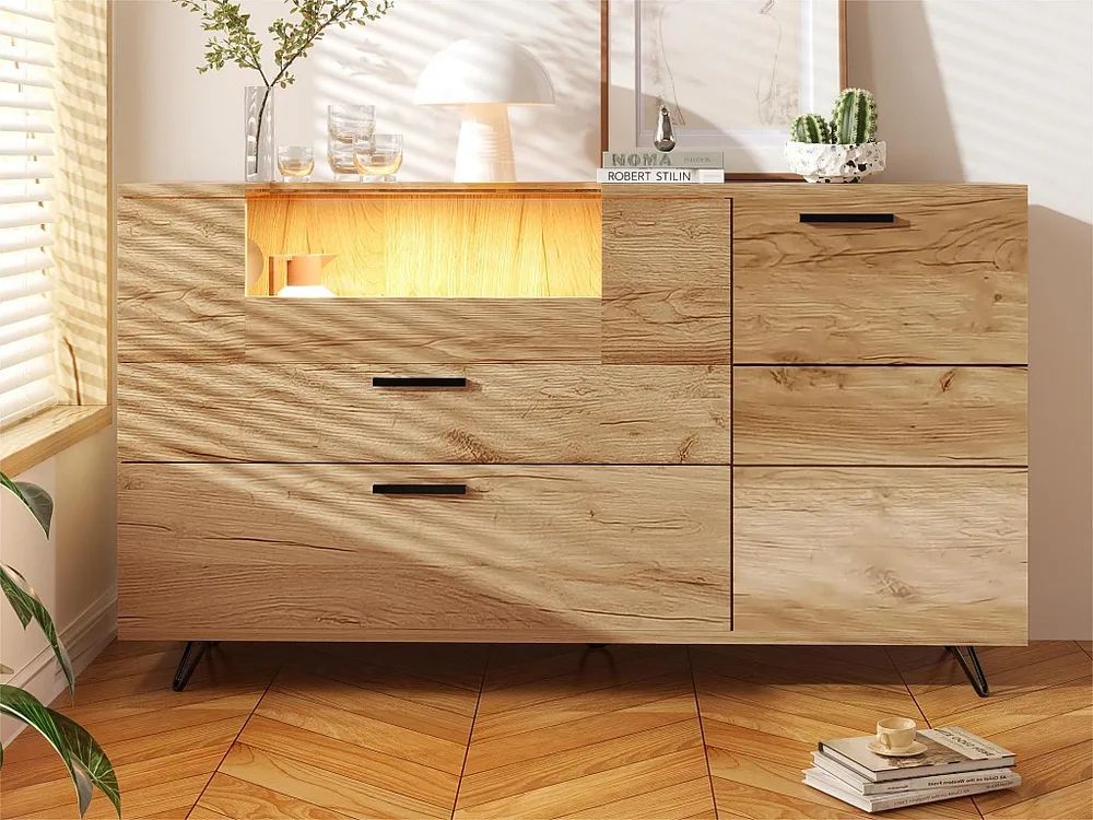 Credenza bassa con LED - 3 scomparti e 2 cassetti - truciolare - Naturale