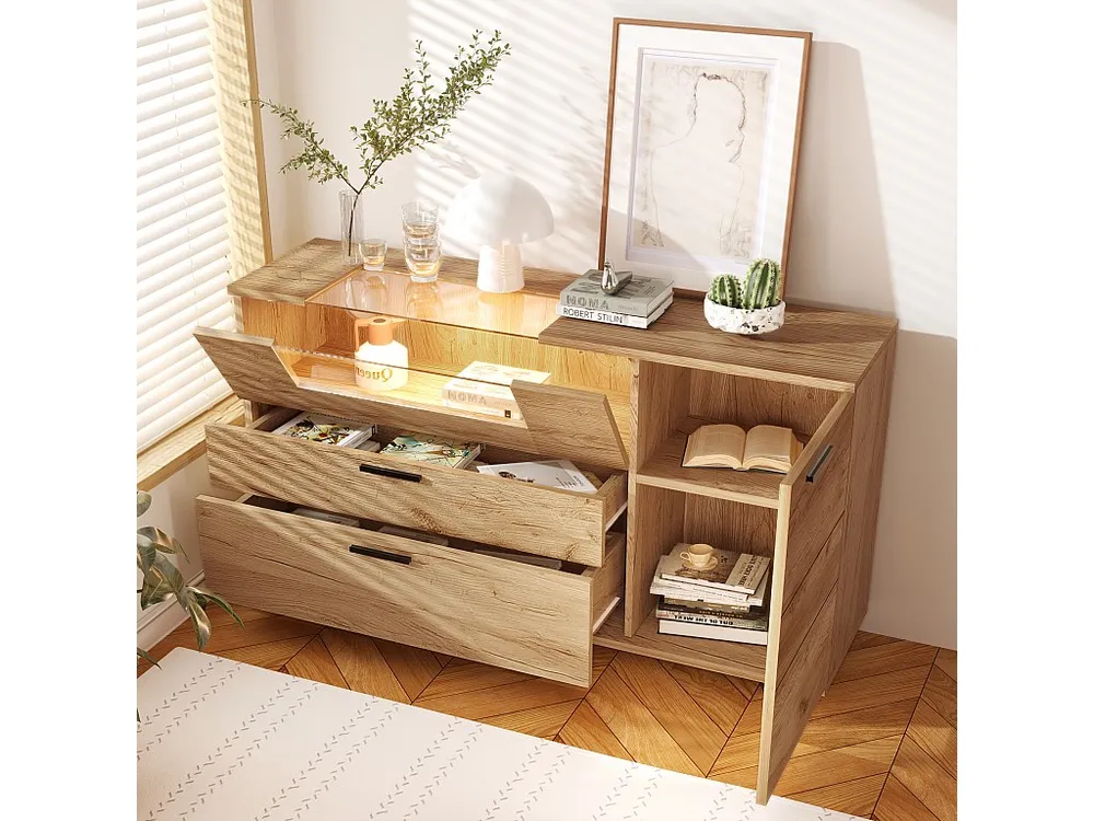 Credenza bassa con LED - 3 scomparti e 2 cassetti - truciolare - Naturale