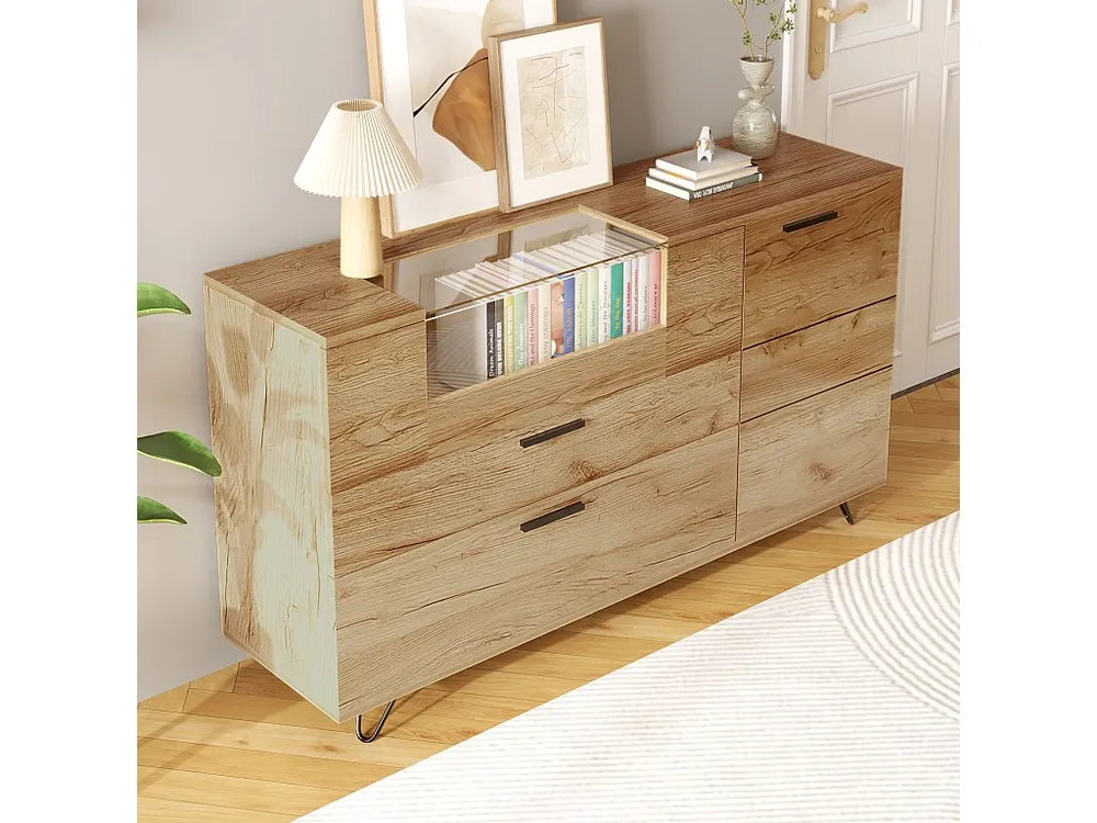 Credenza bassa con LED - 3 scomparti e 2 cassetti - truciolare - Naturale