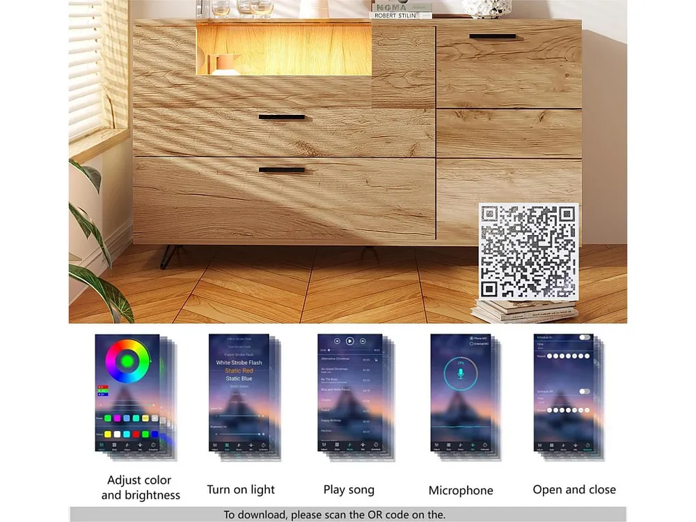 Credenza bassa con LED - 3 scomparti e 2 cassetti - truciolare - Naturale