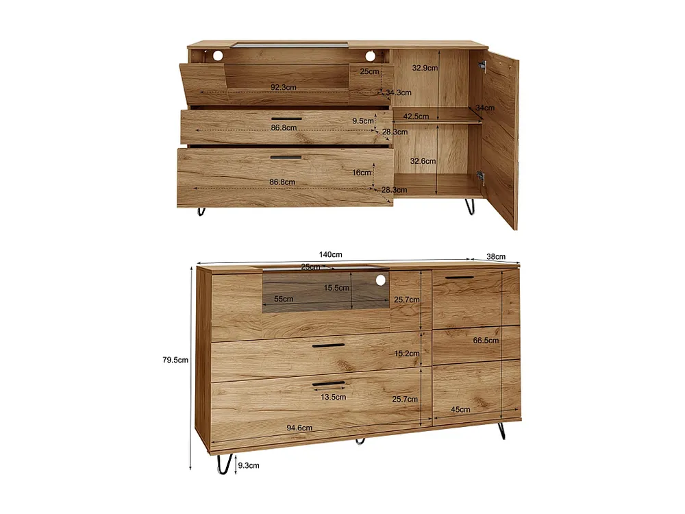 Credenza bassa con LED - 3 scomparti e 2 cassetti - truciolare - Naturale