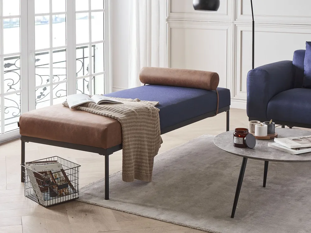Faux Linen/Faux Pelle genuina Chaise Lounge Dark Blue and Brown MALMOS