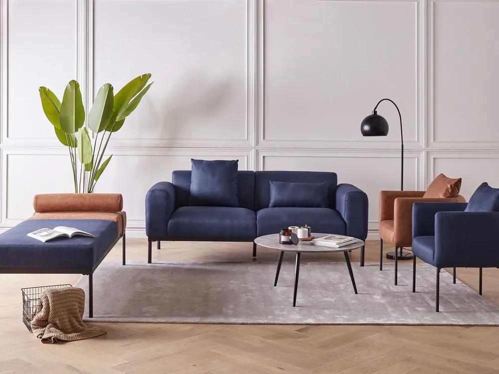 Faux Linen/Faux Pelle genuina Chaise Lounge Dark Blue and Brown MALMOS