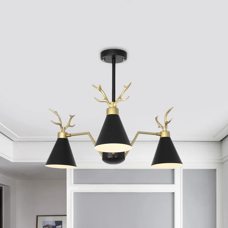 Lampada sospensione cono nordico con lampadario metallo 3 luci corno di cervo per ristorante bar