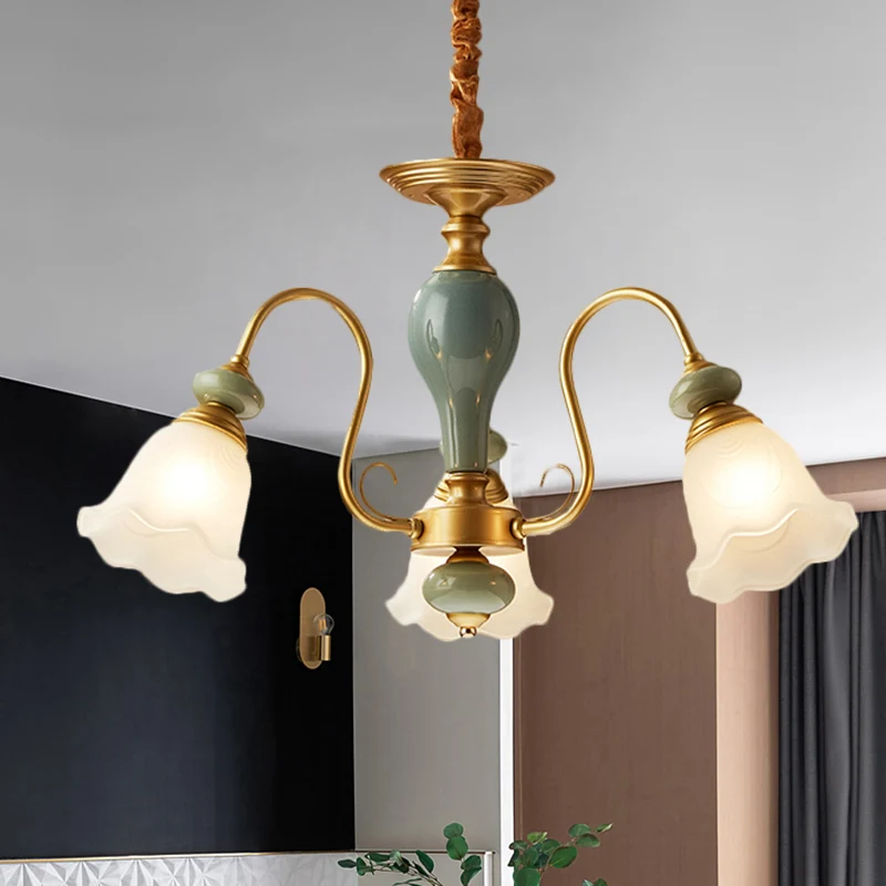 Lampadario pendolo forma di fiore verde vetro smerigliato rurale 3/5/6 lampadine Lampadario per camera degli ospiti