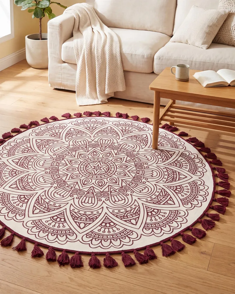 Round Cotton Area Rug Mandala Pattern ø 120 cm Cream and Red AYAKLI