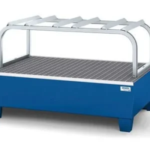Stazione di rifornimento DENIOS linea classica per 3 fusti da 60 l ciascuno acciaio verniciato blu supporto per fusti zinc...