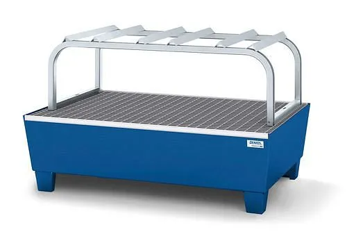 Stazione di rifornimento DENIOS linea classica per 3 fusti da 60 l ciascuno acciaio verniciato blu supporto per fusti zinc...