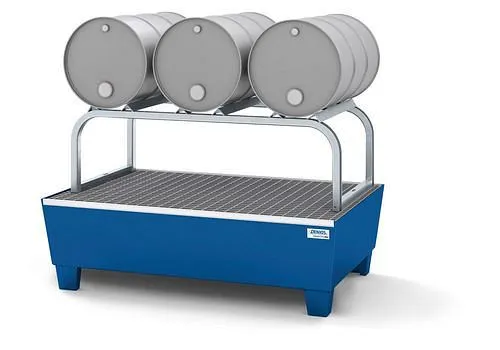 Stazione di rifornimento DENIOS linea classica per 3 fusti da 60 l ciascuno acciaio verniciato blu supporto per fusti zinc...