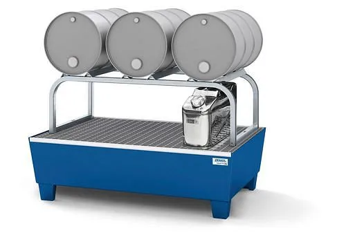 Stazione di rifornimento DENIOS linea classica per 3 fusti da 60 l ciascuno acciaio verniciato blu supporto per fusti zinc...