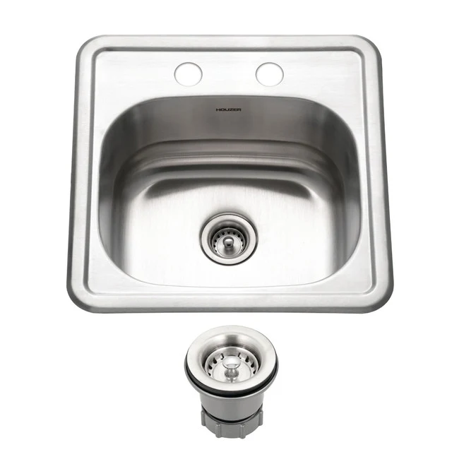 Houzer Hospitality Series 15" Inox Steel Drop- Topmount 2-hole Single Bowl Bar/Prep Sink, includes Basket Strainer