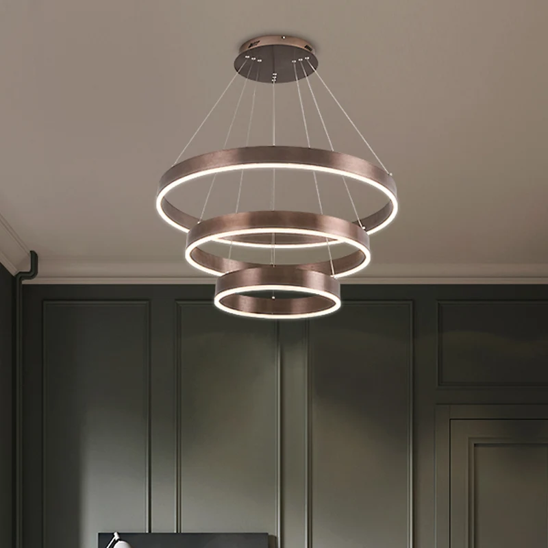Lampadario circolare LED per soggiorno Lampadario sospensione minimalista 3 teste metallo caffè/oro - Macinatura Regolabile