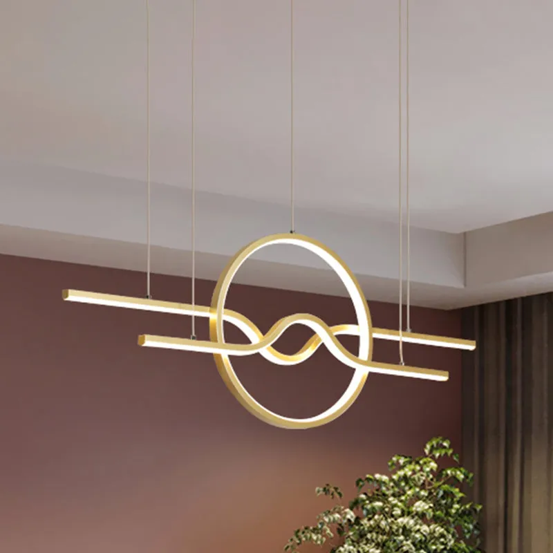 Lampada da isola moderna ondulata e ad anello, metallica, per sala da pranzo, lampada pendolo LED oro, bianco/luce calda