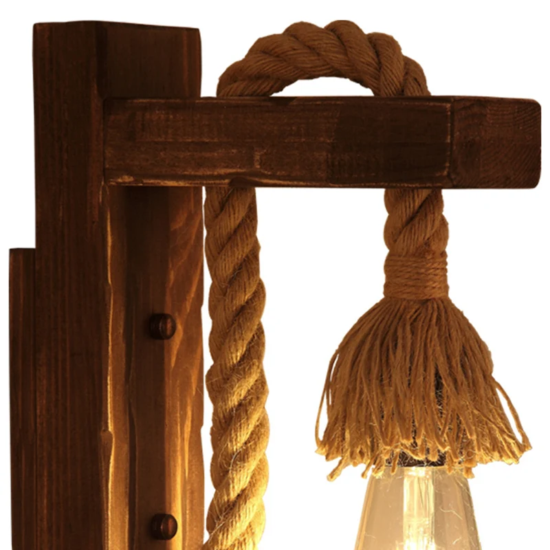 Lampada da parete per sala da pranzo con braccio forma di L marrone, illuminazione legno rustico, 1 luce, con cavo corda d...