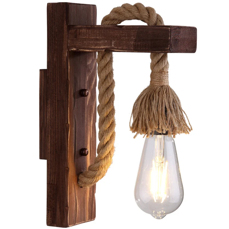 Lampada da parete per sala da pranzo con braccio forma di L marrone, illuminazione legno rustico, 1 luce, con cavo corda d...