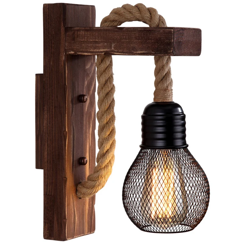 Lampada da parete per sala da pranzo con braccio forma di L marrone, illuminazione legno rustico, 1 luce, con cavo corda d...