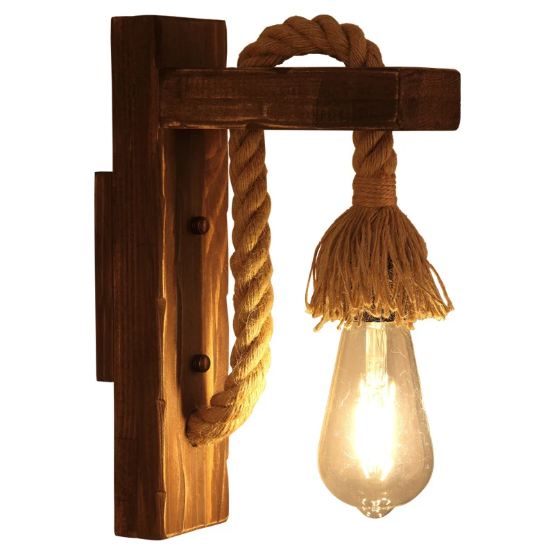 Lampada da parete per sala da pranzo con braccio forma di L marrone, illuminazione legno rustico, 1 luce, con cavo corda d...