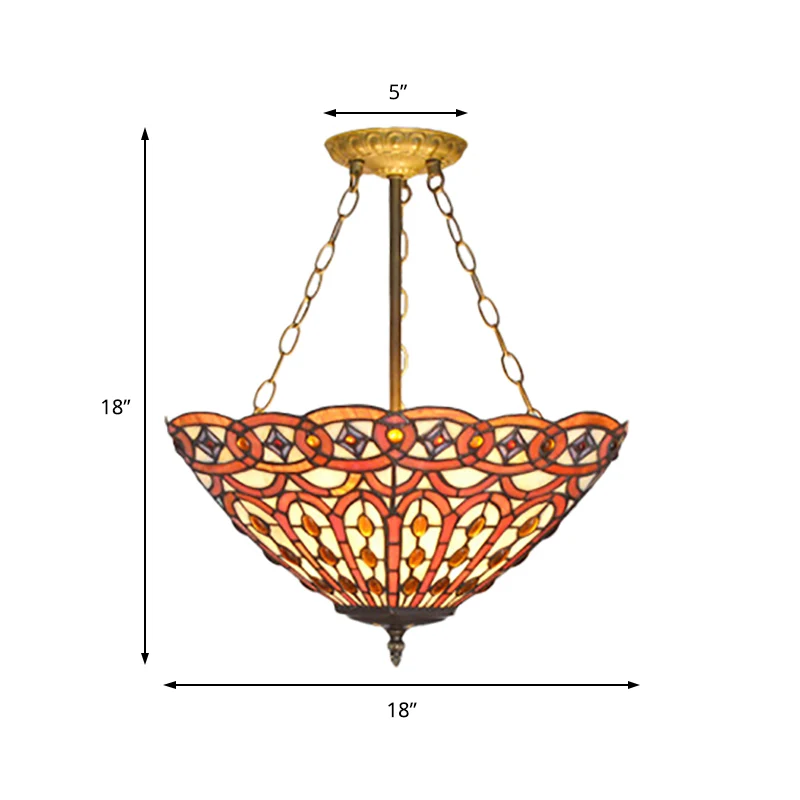 Lampadario vetro colorato Tiffany con sospensione soffitto retrò e paralume cupola, finitura ottone, per tavolo da pranzo