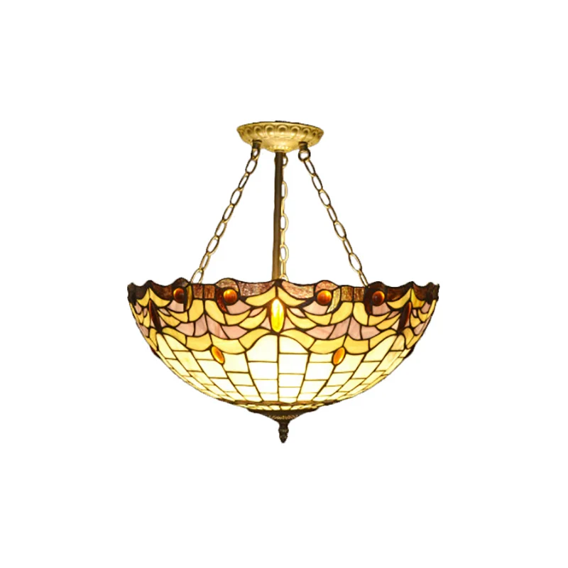 Lampadario vetro colorato Tiffany con sospensione soffitto retrò e paralume cupola, finitura ottone, per tavolo da pranzo
