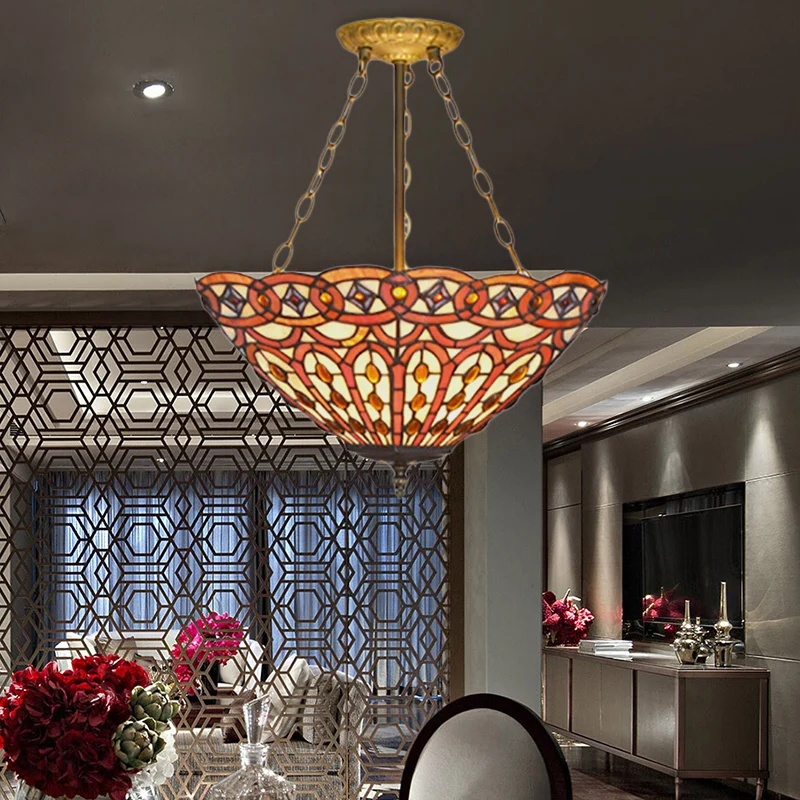 Lampadario vetro colorato Tiffany con sospensione soffitto retrò e paralume cupola, finitura ottone, per tavolo da pranzo