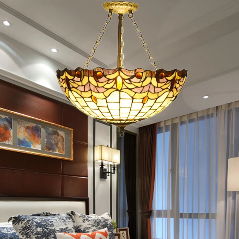 Lampadario vetro colorato Tiffany con sospensione soffitto retrò e paralume cupola, finitura ottone, per tavolo da pranzo