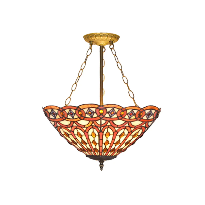 Lampadario vetro colorato Tiffany con sospensione soffitto retrò e paralume cupola, finitura ottone, per tavolo da pranzo