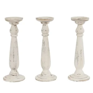 Set 3x portacandele shabby vecchio stile T360 legno paulonia design decorativo 35cm bianco