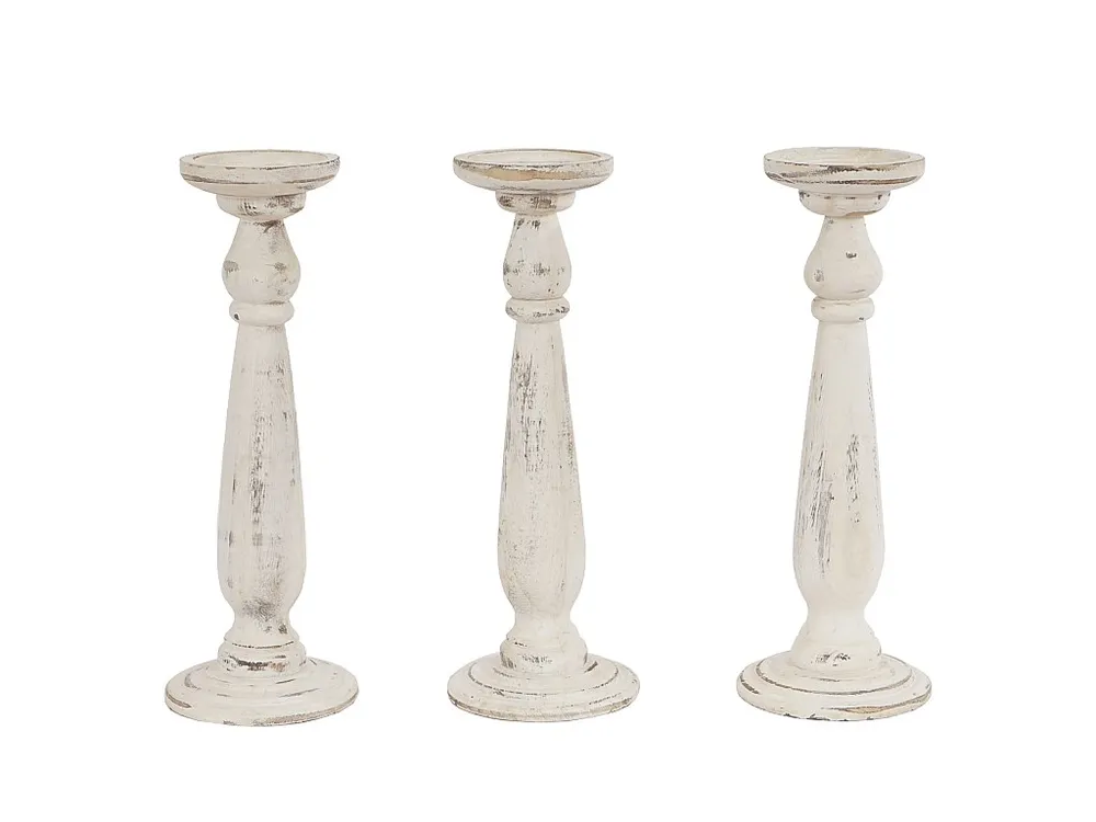 Set 3x portacandele shabby vecchio stile T360 legno paulonia design decorativo 35cm bianco