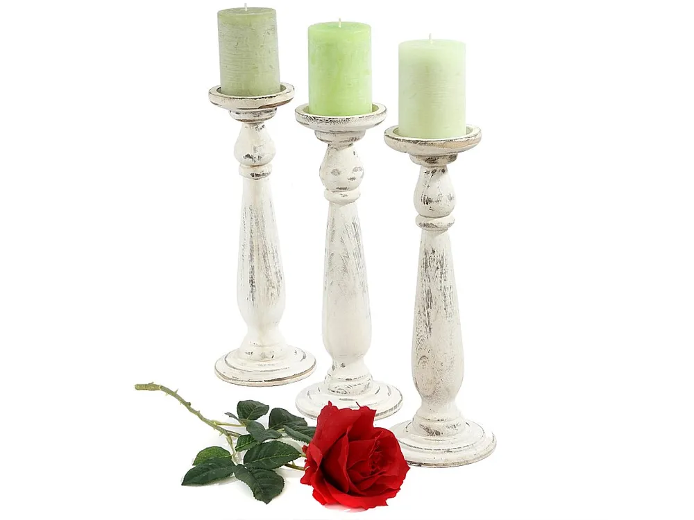 Set 3x portacandele shabby vecchio stile T360 legno paulonia design decorativo 35cm bianco