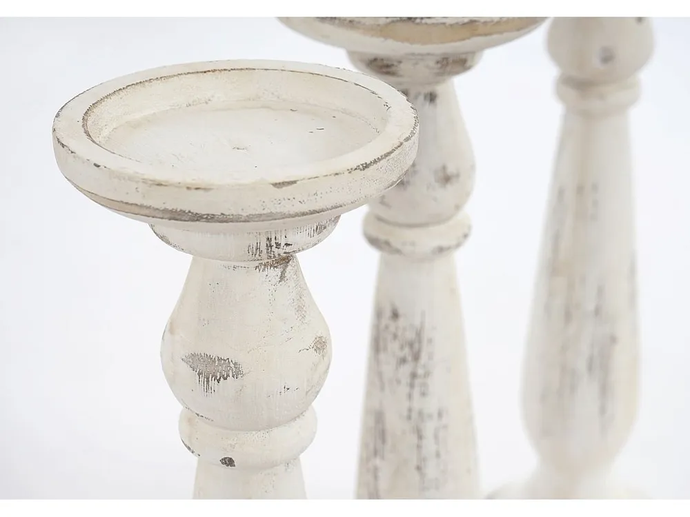 Set 3x portacandele shabby vecchio stile T360 legno paulonia design decorativo 35cm bianco