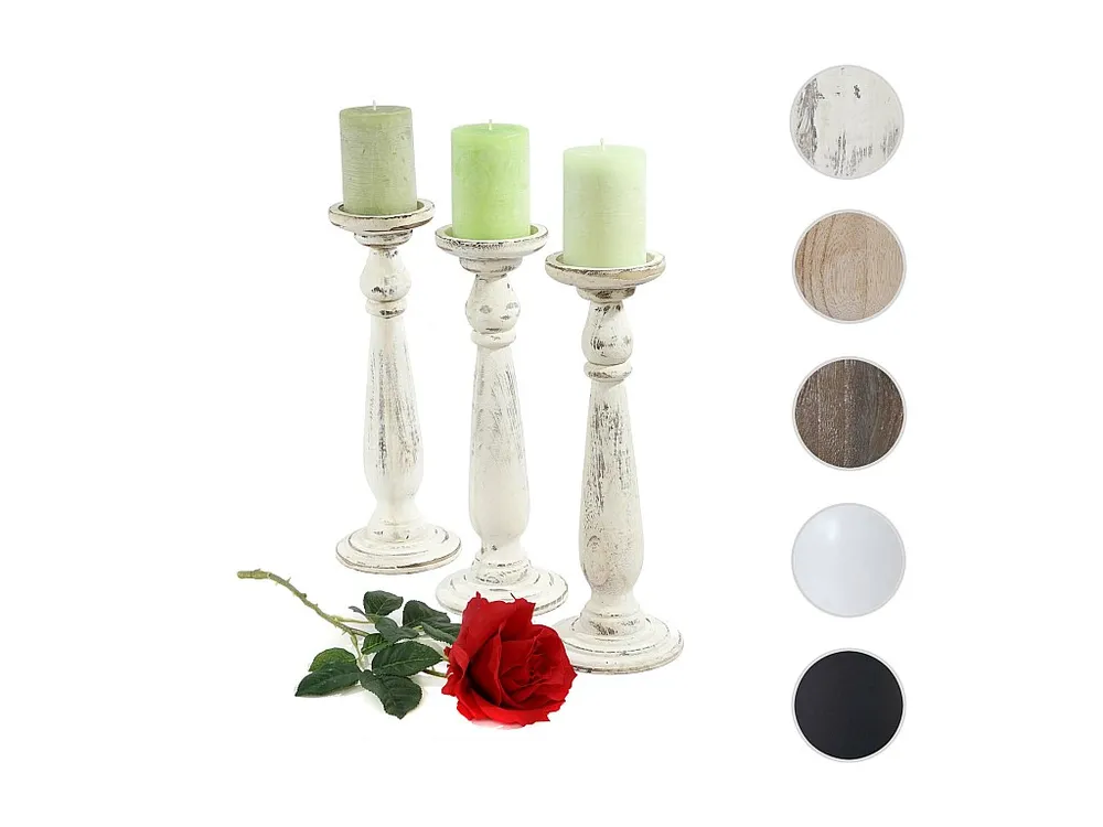 Set 3x portacandele shabby vecchio stile T360 legno paulonia design decorativo 35cm bianco
