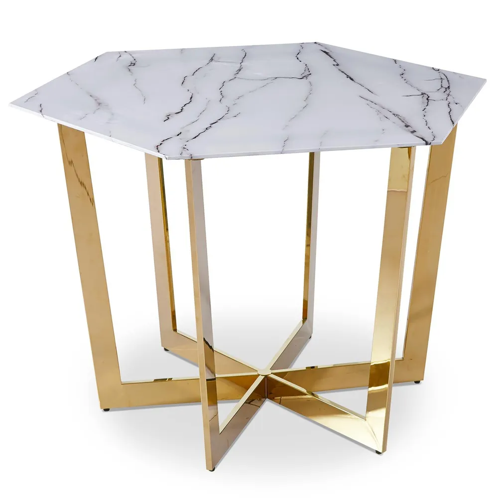 Tavolo Esagonale Zadig 120cm Vetro Effetto Marmo Bianco piedi Metallo Oro Diametro 28 cm
