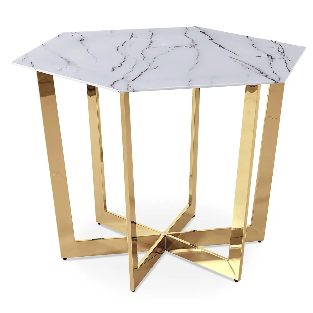 Tavolo Esagonale Zadig 120cm Vetro Effetto Marmo Bianco piedi Metallo Oro Diametro 28 cm
