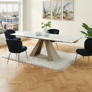 Tavolo da pranzo allungabile Ceramica e Metallo Effetto marmo Bianco e Nocciola LOZIPA per Famiglie