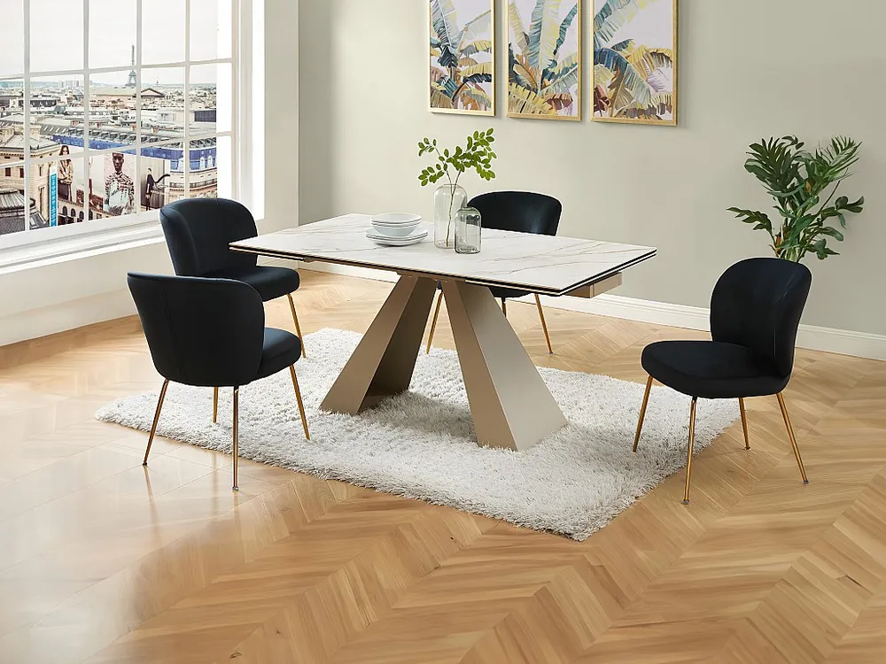 Tavolo da pranzo allungabile Ceramica e Metallo Effetto marmo Bianco e Nocciola LOZIPA per Famiglie