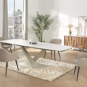 Tavolo da pranzo allungabile Ceramica e Metallo Effetto marmo Bianco e Camoscio MALENA