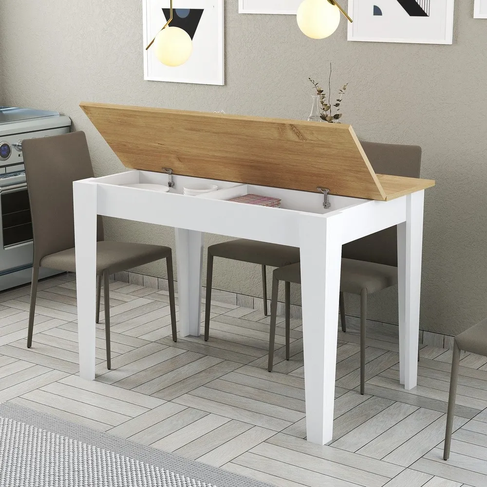 Tavolo da pranzo Fiorita con contenitore 100cm Bianco e Rovere Porcellana Bianca