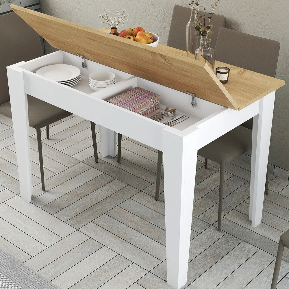 Tavolo da pranzo Fiorita con contenitore 100cm Bianco e Rovere Porcellana Bianca
