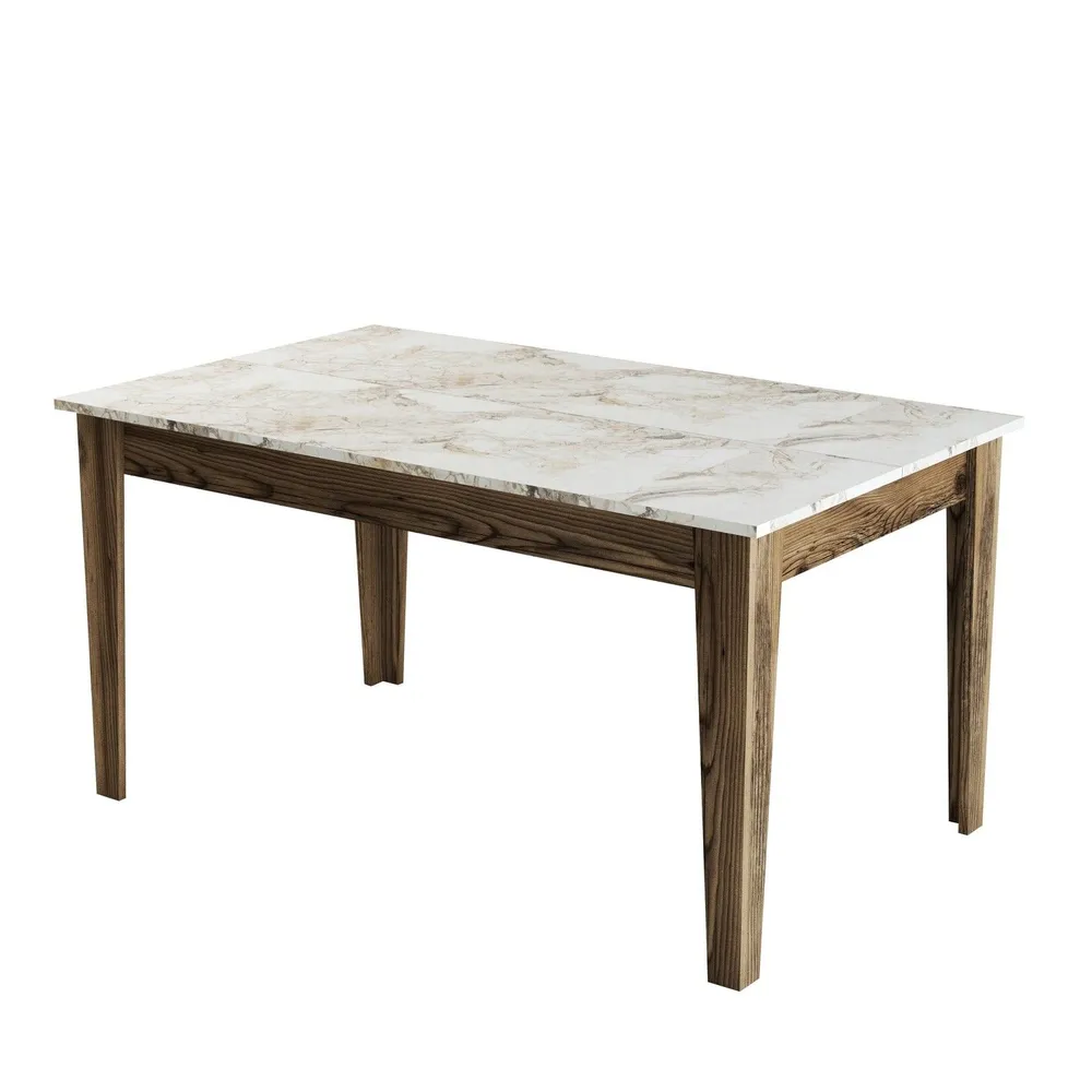 Tavolo da pranzo Kaltes con contenitore L145cm Effetto marmo bianco e legno con 12 Pezzi