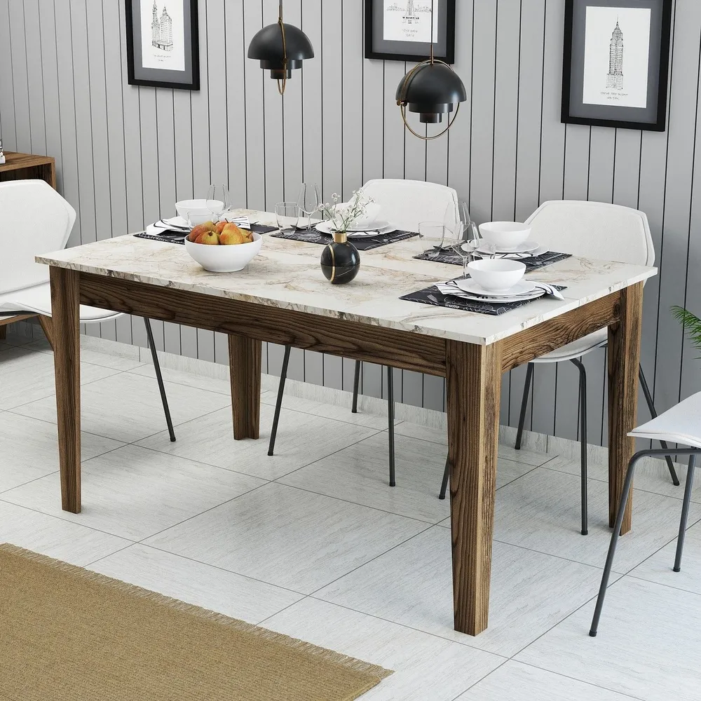 Tavolo da pranzo Kaltes con contenitore L145cm Effetto marmo bianco e legno con 12 Pezzi