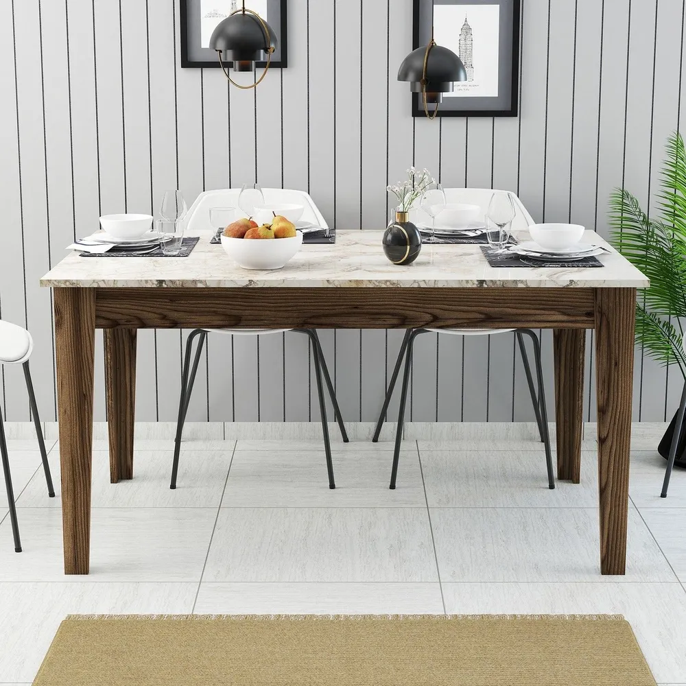 Tavolo da pranzo Kaltes con contenitore L145cm Effetto marmo bianco e legno con 12 Pezzi