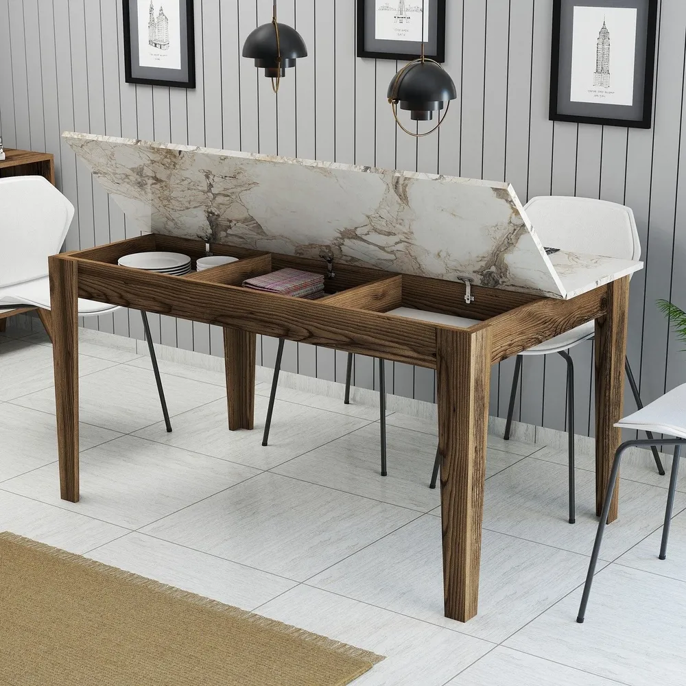 Tavolo da pranzo Kaltes con contenitore L145cm Effetto marmo bianco e legno con 12 Pezzi