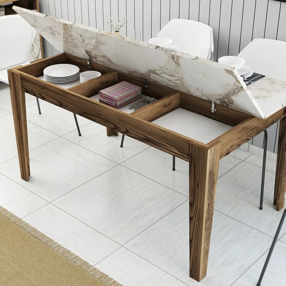 Tavolo da pranzo Kaltes con contenitore L145cm Effetto marmo bianco e legno con 12 Pezzi