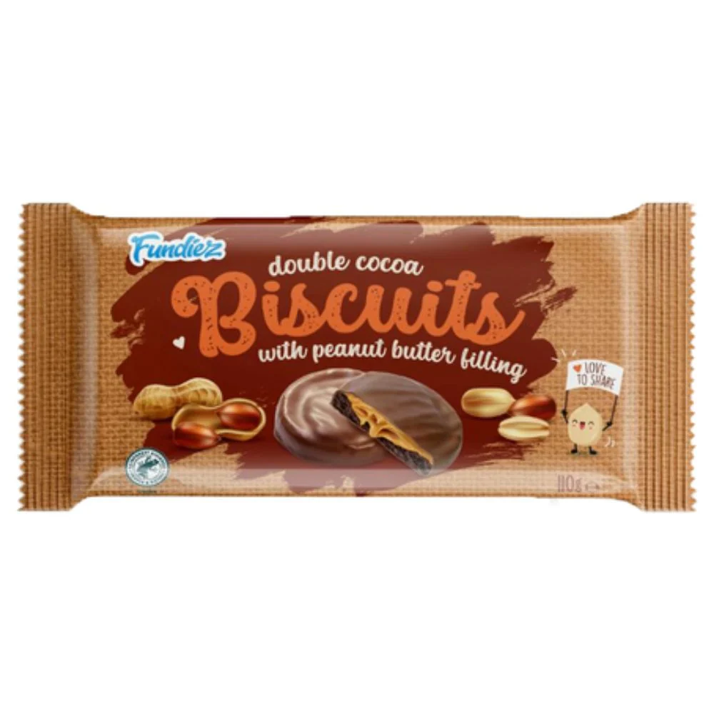 Fundiez Double Chocoa Biscuits Peanut Butter Filling, biscotti al cacao con ripieno di burro di arachidi ricoperto di cioc...