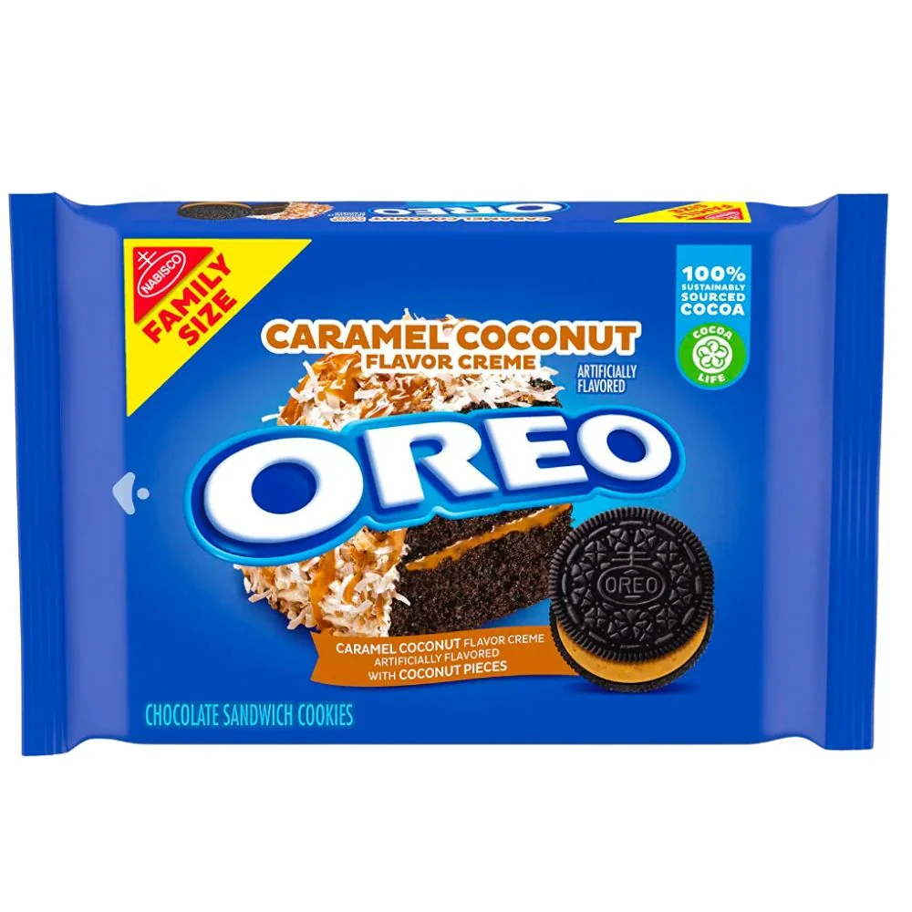 Oreo Caramel Coconut, biscotti al cacao con crema al gusto di caramello e cocco da 482g