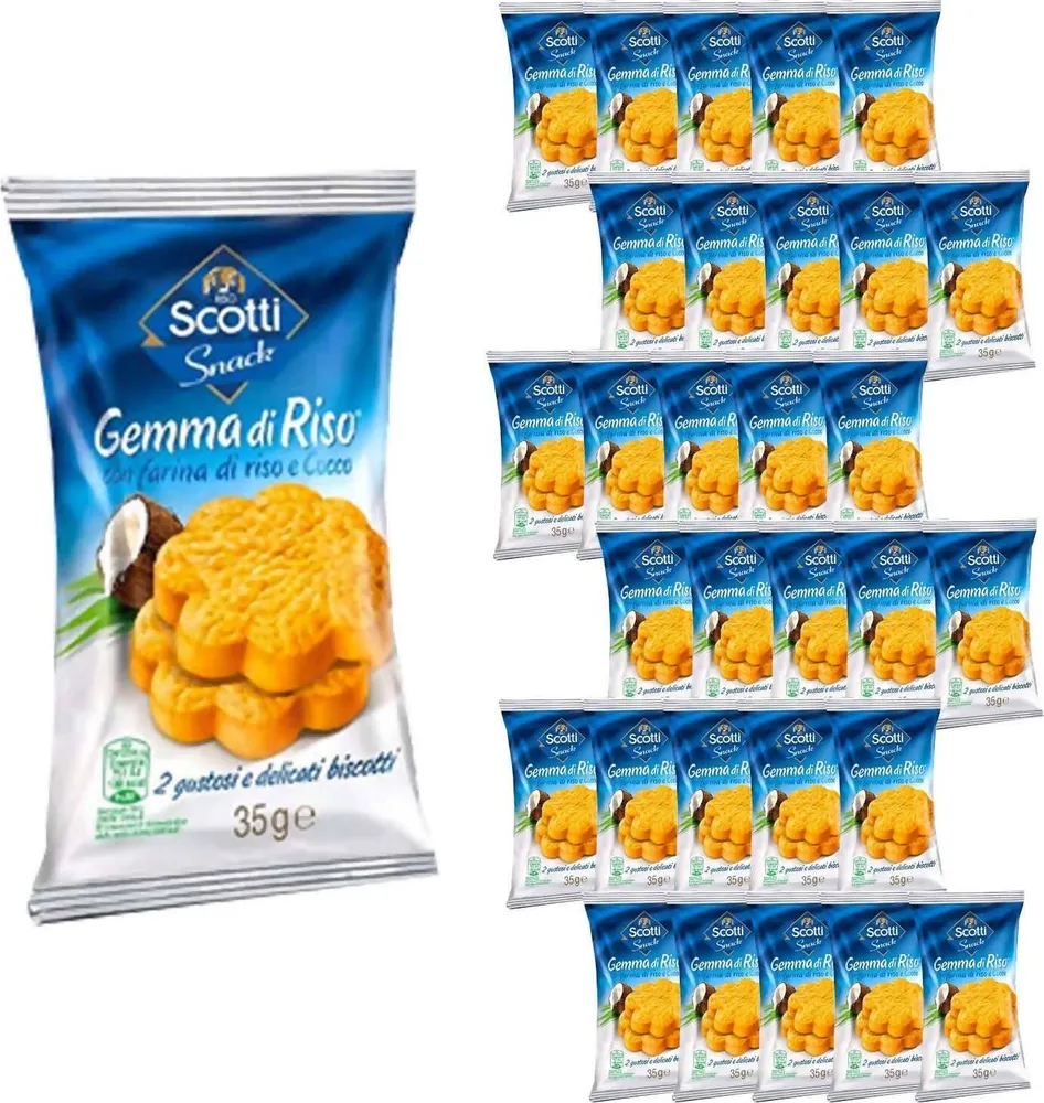 Scotti Riso Snack 30x Biscotti Gemma Di Riso Al Cocco Snack 35 Gr Confezione Da 30 Pezzi Biscotti Senza Grassi