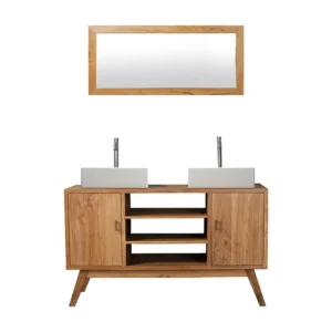 Mobile bagno con lavabo doppio e specchio 135 cm Teak GIANYAR