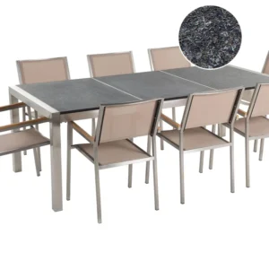 Set di tavolo e 8 sedie da giardino acciaio basalto e fibra tessile panna nero fiammato 220 cm GROSSETO