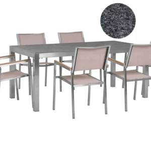 Set di tavolo e 6 sedie da giardino acciaio granito e fibra tessile panna piano singolo grigio lucido 180 cm GROSSETO